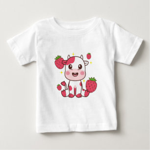 イチゴ牛、かわいい牛、ピンクの牛ペット ベビーTシャツ
