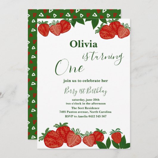 イチゴ甘いフルーツ新鮮な赤ちゃんシャワー女の子 招待状 (正面/裏面)