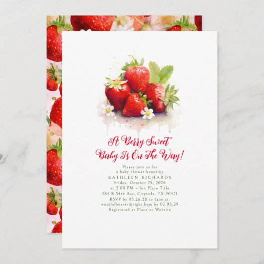 イチゴ甘いベビーガール赤ちゃんシャワー 招待状 (正面/裏面)