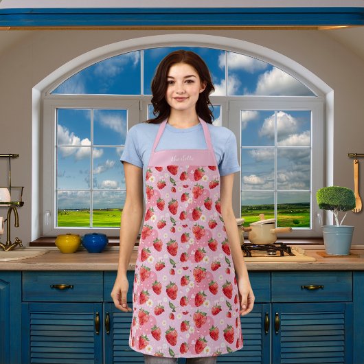 イチゴ白花模様ピンク赤のパターン名 エプロン