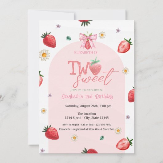 イチゴ花2つの甘い2番目の誕生日 招待状 (正面)