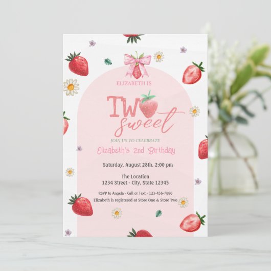 イチゴ花2つの甘い2番目の誕生日 招待状 (スタンド正面)
