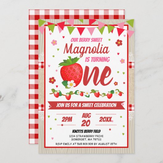 イチゴ誕生日レッドカンコブランケットスイートパーティー 招待状 (正面/裏面)