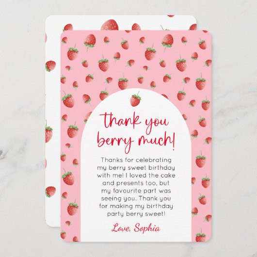 イチゴ誕生日写真サンキューカード 招待状 (正面/裏面)
