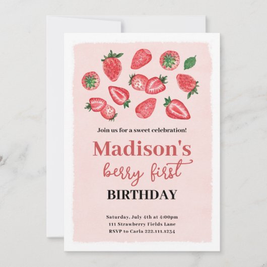 イチゴ誕生日招待状ベリースウィートパーティー 招待状 (正面)