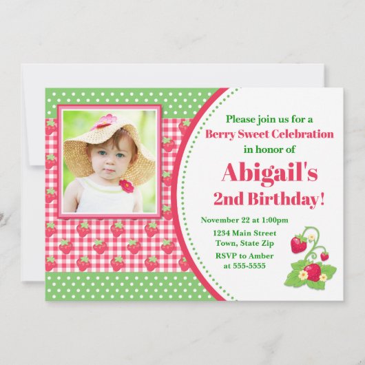 イチゴ誕生日招待状、イチゴパーティー 招待状 (正面)