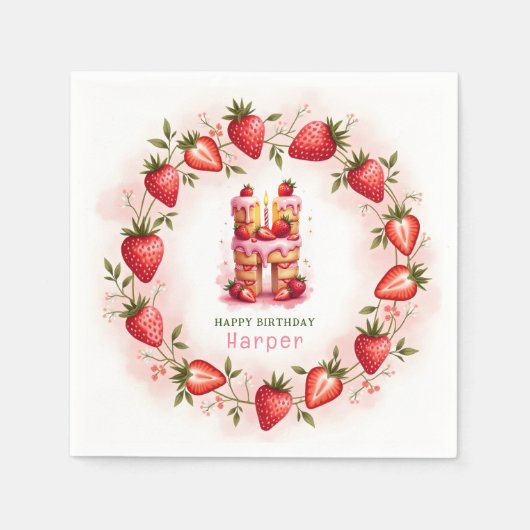イチゴ誕生日紙ナプキンレターHケーキ スタンダードカクテルナプキン (正面)