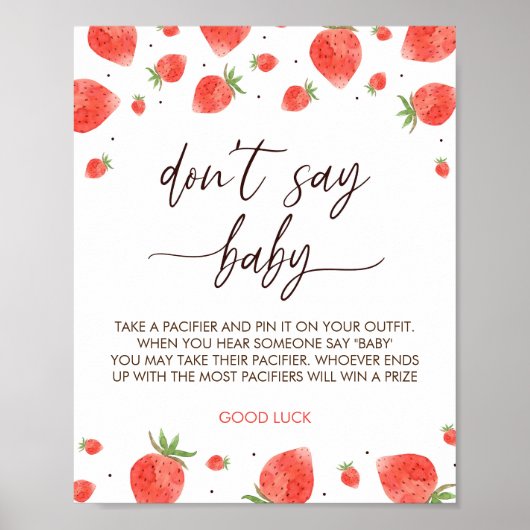 イチゴ赤ちゃんシャワー言わないベビーゲームのサイン ポスター (正面)