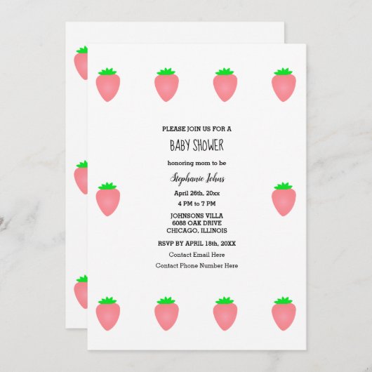イチゴ赤ちゃんシャワー赤ちゃん女の子ピンク白かわいい 招待状 (正面/裏面)