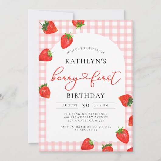 イチゴ1stバースデーピンクベリーファースト誕生日 招待状 (正面)
