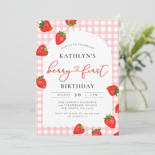 イチゴ1stバースデーピンクベリーファースト誕生日 招待状 (スタンド正面)