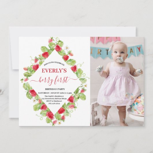 イチゴ1st誕生日パーティーベリーの最初の写真 招待状 (正面)