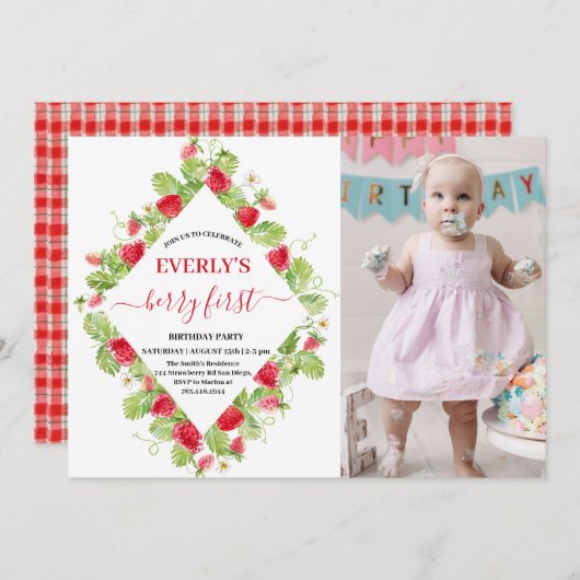 イチゴ1st誕生日パーティーベリーの最初の写真 招待状 (正面/裏面)