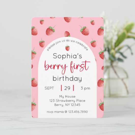 イチゴ1st誕生日パーティーベリーの最初の写真 招待状 (スタンド正面)