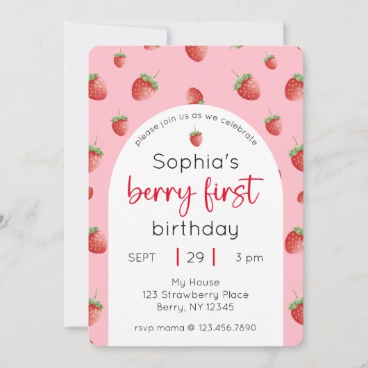 イチゴ1st誕生日パーティーベリーの最初の写真 招待状 (正面)
