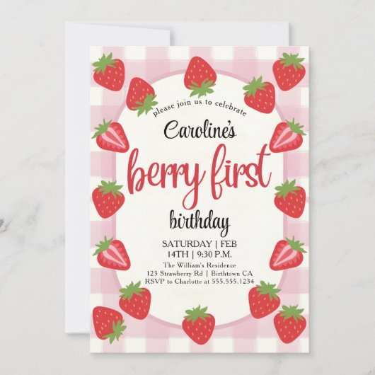 イチゴ1st誕生日パーティーベリーの最初の写真 招待状 (正面)