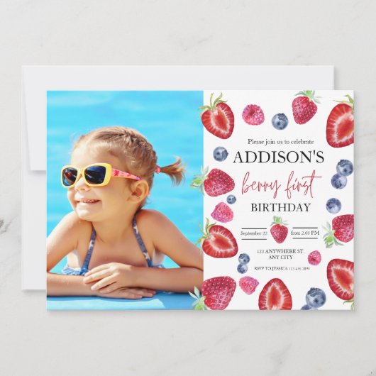 イチゴ1st誕生日パーティーベリーの最初の写真 招待状 (正面)