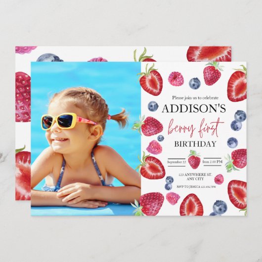 イチゴ1st誕生日パーティーベリーの最初の写真 招待状 (正面/裏面)