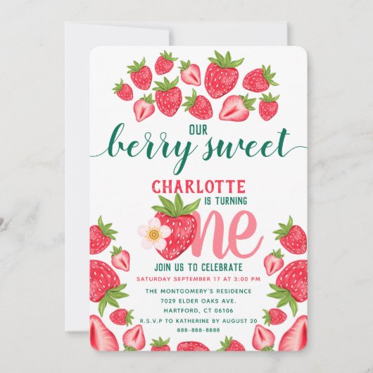 イチゴ1st誕生日パーティーベリースイートカワイイ 招待状 (正面)