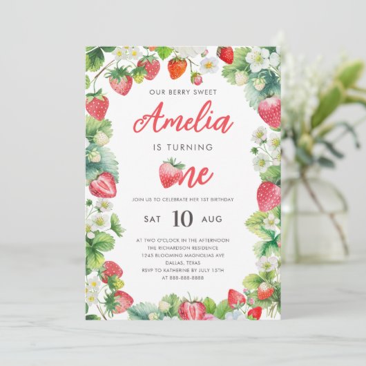 イチゴ1st誕生日パーティーベリースイートガールレッド 招待状 (スタンド正面)