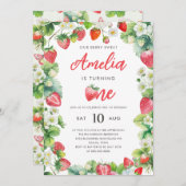 イチゴ1st誕生日パーティーベリースイートガールレッド 招待状 (正面/裏面)