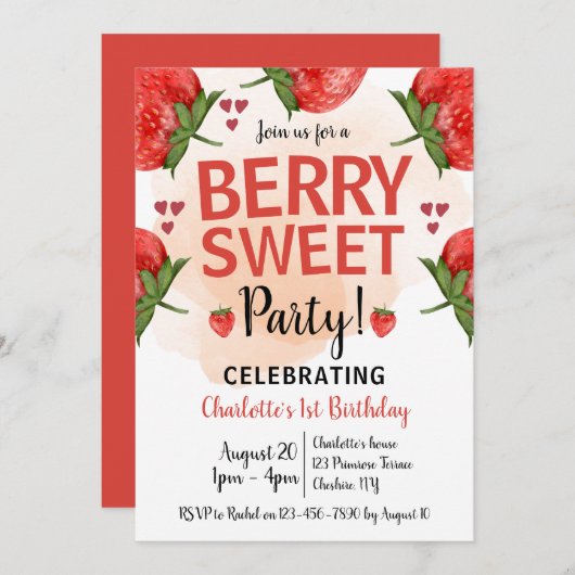 イチゴ1st誕生日パーティーベリースウィート 招待状 (正面/裏面)
