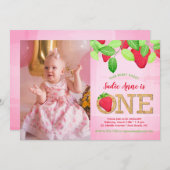 イチゴ1st誕生日ピンク水彩写真 招待状 (正面/裏面)
