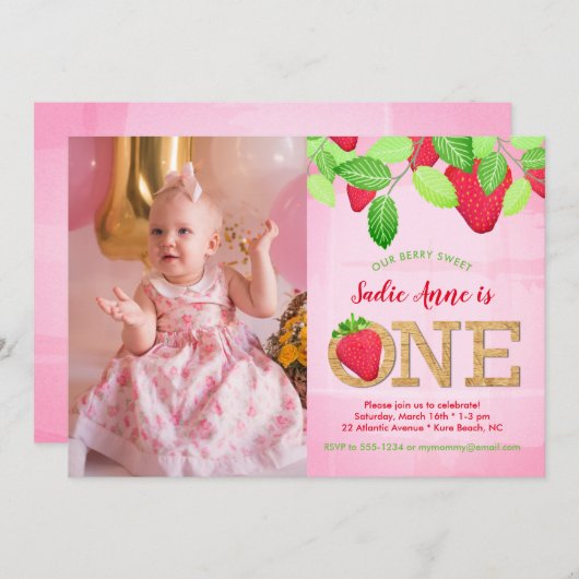 イチゴ1st誕生日ピンク水彩写真 招待状 (正面/裏面)