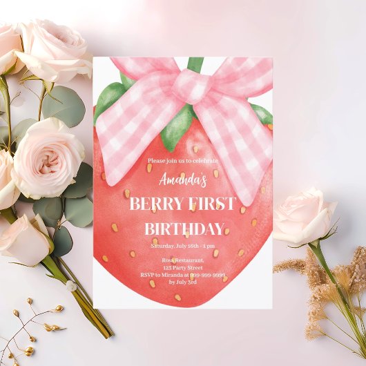 イチゴ1th誕生日ベリー最初の写真ピンクの弓 招待状