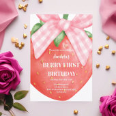 イチゴ1th誕生日ベリー最初の写真ピンクの弓 招待状