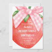 イチゴ1th誕生日ベリー最初の写真ピンクの弓 招待状 (正面)