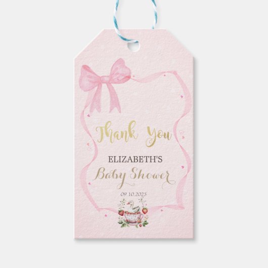 イチゴ，ガチョウ，ボウフレームドット赤ちゃんシャワー ギフトタグ (正面)