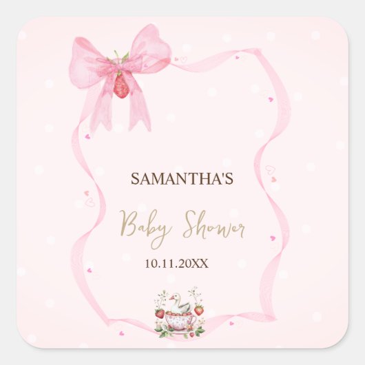 イチゴ，ガチョウ，ボウフレームドット赤ちゃんシャワー スクエアシール (正面)
