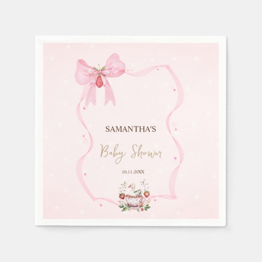 イチゴ,ガチョウ,ボウフレームドット赤ちゃんシャワー スタンダードカクテルナプキン (正面)