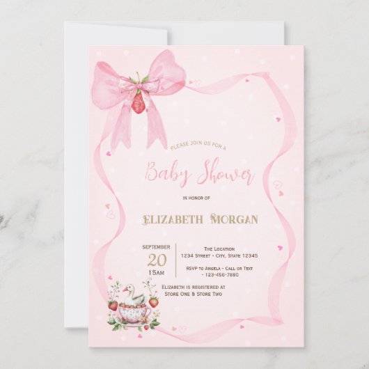 イチゴ,ガチョウ,ボウフレームドット赤ちゃんシャワー 招待状 (正面)