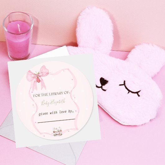 イチゴ，ガチョウ，ボウフレーム水玉模様ベビーシャワー ラウンドシール