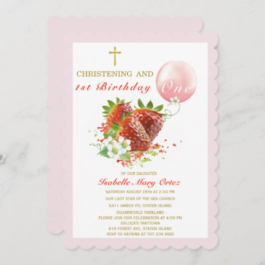イチゴ《キリスト教》洗礼式や命名式及び第1誕生日 招待状 (正面/裏面)
