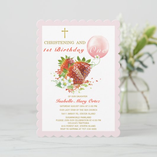 イチゴ《キリスト教》洗礼式や命名式及び第1誕生日 招待状 (スタンド正面)