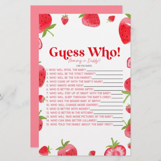 イチゴ・ベリー誰を当てる！赤ちゃんシャワーゲーム 便箋 (正面/裏面)
