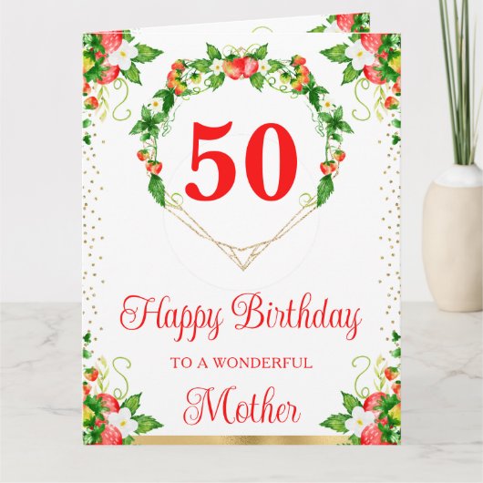 イチゴ&ホワイトフラワーズマザー誕生日カード カード (正面)