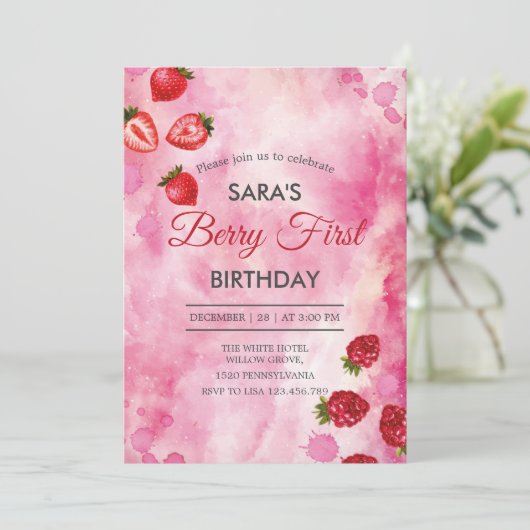 イチゴ&ラズベリーピンク1st誕生日ベビーガール 招待状 (スタンド正面)