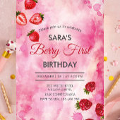 イチゴ&ラズベリーピンク1st誕生日ベビーガール 招待状