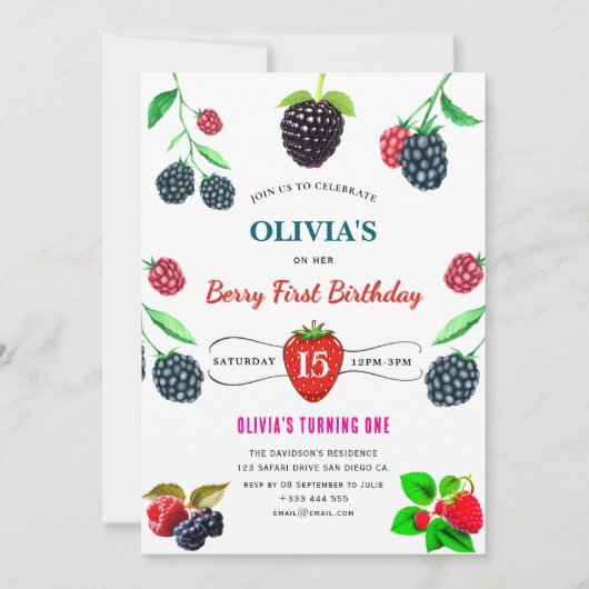 イチゴ&ラズベリー誕生日パーティーの招待状 招待状 (正面)
