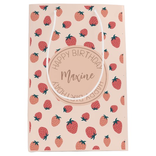 イチゴ、花模様および抽象芸術パターンテーマ ミディアムペーパーバッグ (正面)