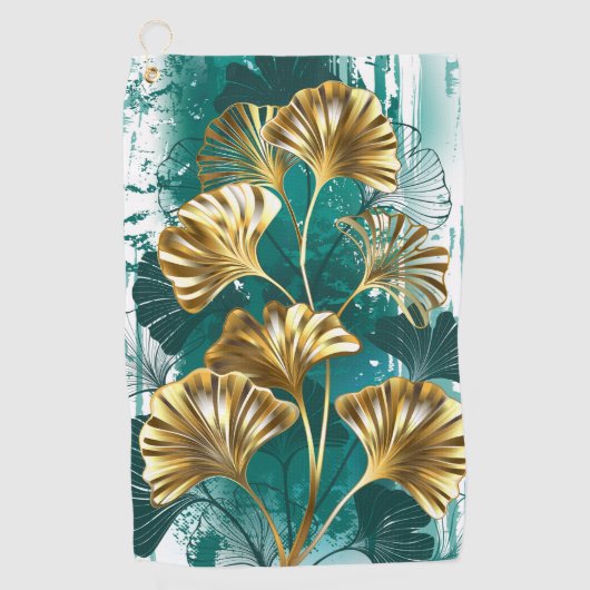 イチョウの金色の葉の枝 イチョウ ゴルフタオル (正面)