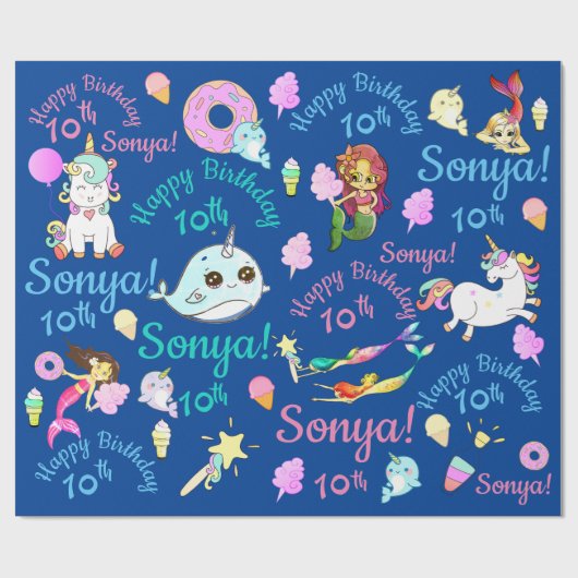 イッカク、メルマイド、ユニコーン 名前入り、年齢 ラッピングペーパー (フラット)