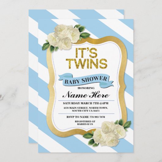 イッツツインズボーイズベビーシャワーブルー金ゴールド招待状 招待状 (正面/裏面)