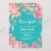 イットアガールピンクフローラベビーシャワーティール（緑がかった色） 招待状 (正面/裏面)