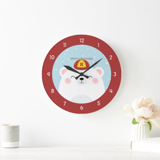 イニシャルが付いているプロペラの帽子の白くま ラージ壁時計 (ホーム)