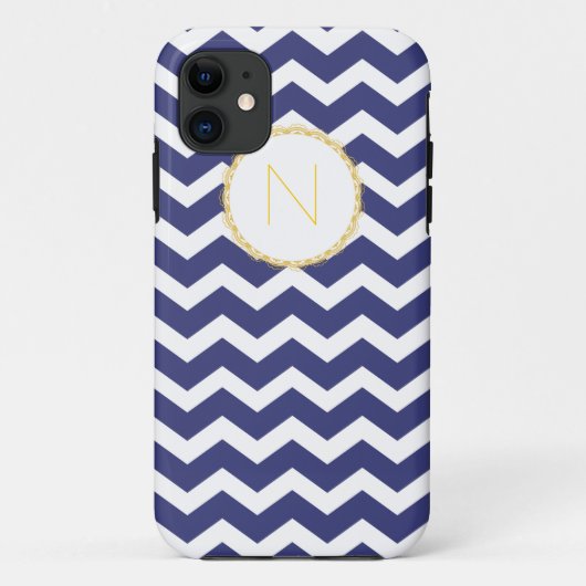 イニシャルとのシックなシェブロンのiPhoneの場合の海軍及び白 Case-Mate iPhoneケース (裏面)